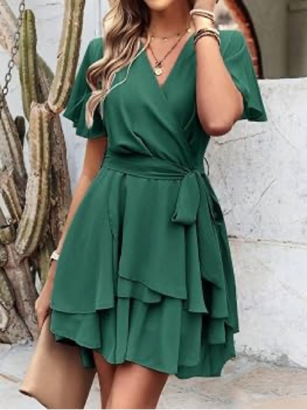 V-Neck Green Tie-Waist Tiered Mini Dress